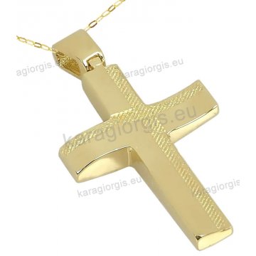Βαπτιστικός σταυρός Κ14 για αγόρι χρυσός διπλής όψης με ένθετο σταυρουδάκι σε λουστρέ και μάτ φινίρισμα.