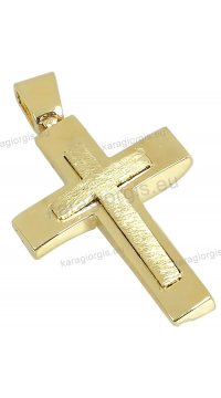 Βαπτιστικός σταυρός Κ14 για αγόρι χρυσός διπλής όψης σε σαγρέ και λουστρέ φινίρισμα.