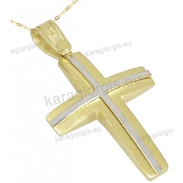Βαπτιστικός σταυρός χρυσός Κ14 για αγόρι με αλυσίδα με ένθετο λευκόχρυσο σταυρουδάκι σε ματ φινίρισμα.
