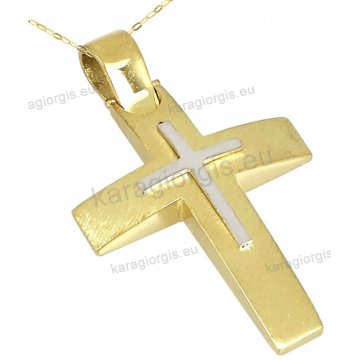 Βαπτιστικός σταυρός χρυσός Κ14 για αγόρι με αλυσίδα με ένθετο λευκόχρυσο σταυρουδάκι σε σαγρέ φινίρισμα.