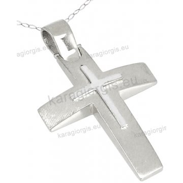 Βαπτιστικός σταυρός λευκόχρυσος Κ14 για αγόρι με αλυσίδα με ένθετο σταυρουδάκι σε σαγρέ φινίρισμα.
