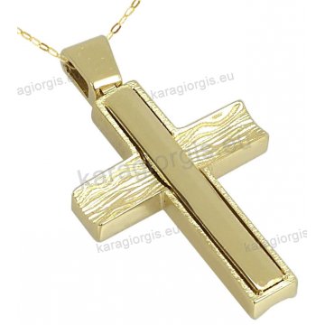 Βαπτιστικός σταυρός Κ14 για αγόρι χρυσός διπλής όψης σε σαγρέ και λουστρέ φινίρισμα.