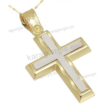 Βαπτιστικός σταυρός χρυσός Κ14 για αγόρι με αλυσίδα με ένθετο λευκόχρυσο σταυρουδάκι σε λουστρέ φινίρισμα.