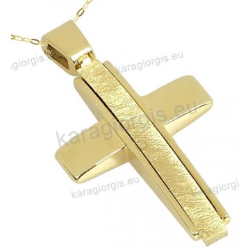 Βαπτιστικός σταυρός Κ14 για αγόρι χρυσός διπλής όψης σε λουστρέ και μάτ φινίρισμα.