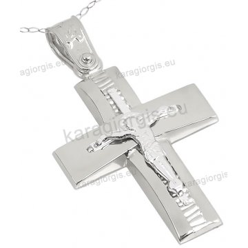 Βαπτιστικός σταυρός λευκόχρυσος Κ14 για αγόρι με αλυσίδα με ένθετο εσταυρωμένο σε λουστρέ φινίρισμα.