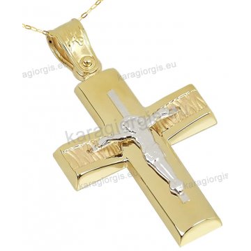 Βαπτιστικός σταυρός χρυσός Κ14 για αγόρι με αλυσίδα με ένθετο λευκόχρυσο εσταυρωμένο σε λουστρέ φινίρισμα.