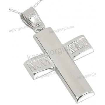 Βαπτιστικός σταυρός λευκόχρυσος Κ14 για αγόρι με αλυσίδα με σκάλισμα σε λουστρέ φινίρισμα.