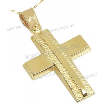 Βαπτιστικός σταυρός χρυσός Κ14 για αγόρι με αλυσίδα με σκάλισμα σε λουστρέ φινίρισμα.