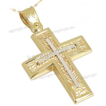 Βαπτιστικός σταυρός χρυσός Κ14 για αγόρι με αλυσίδα με σκάλισμα σε λουστρέ φινίρισμα και ένθετο λευκόχρυσο σταυρουδάκι.
