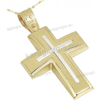 Βαπτιστικός σταυρός χρυσός Κ14 για αγόρι με αλυσίδα με ένθετο λευκόχρυσο σταυρουδάκι σε λουστρέ ματ φινίρισμα.