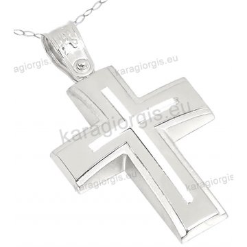 Βαπτιστικός σταυρός λευκόχρυσος Κ14 για αγόρι με αλυσίδα με ένθετο σταυρουδάκι σε λουστρέ ματ φινίρισμα.