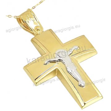 Βαπτιστικός σταυρός χρυσός Κ14 για αγόρι με αλυσίδα με ένθετο λευκόχρυσο εσταυρωμένο σε ματ λουστρέ φινίρισμα.