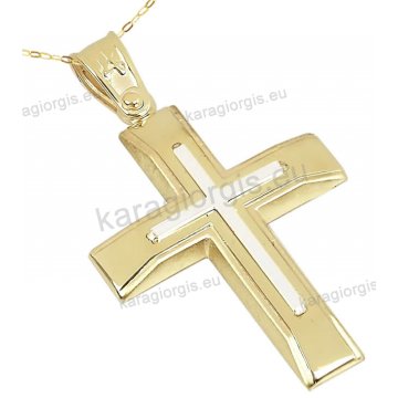 Βαπτιστικός σταυρός χρυσός Κ14 για αγόρι με αλυσίδα με ένθετο λευκόχρυσο σταυρουδάκι σε λουστρέ φινίρισμα.