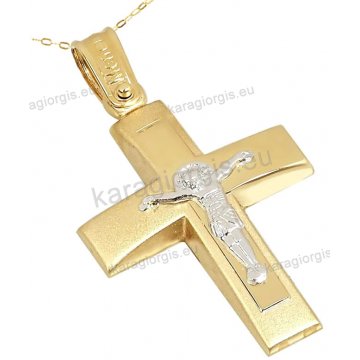 Βαπτιστικός σταυρός χρυσός Κ14 για αγόρι με αλυσίδα διπλής όψης με την παράσταση της βαπτίσεως με εσταυρωμένο σε ματ λουστρέ φινίρισμα.