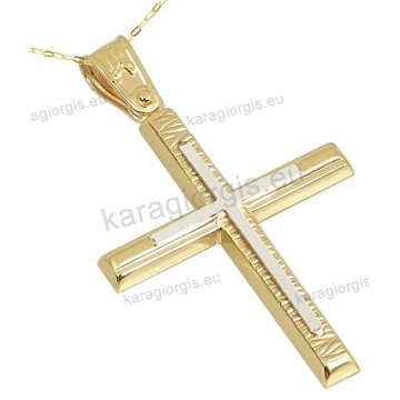 Βαπτιστικός σταυρός χρυσός Κ14 για αγόρι με αλυσίδα με ένθετο λευκόχρυσο σταυρουδάκι σε σαγρέ λουστρέ φινίρισμα.