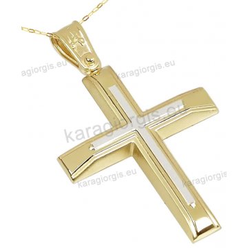 Βαπτιστικός σταυρός χρυσός Κ14 για αγόρι με αλυσίδα με ένθετο λευκόχρυσο σταυρουδάκι σε ματ λουστρέ φινίρισμα.