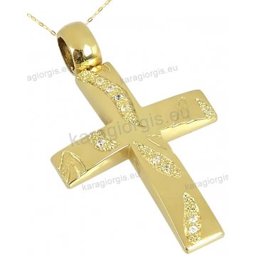 Βαπτιστικός σταυρός χρυσός Κ14 για κορίτσι με αλυσίδα σκαλιστός με πέτρες ζιργκόν.
