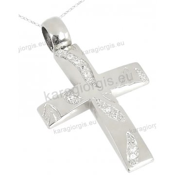 Βαπτιστικός σταυρός λευκόχρυσος Κ14 για κορίτσι με αλυσίδα σκαλιστός με πέτρες ζιργκόν.