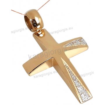 Βαπτιστικός σταυρός ροζ χρυσός rose gold Κ14 για κορίτσι με αλυσίδα σε λουστρέ φινίρισμα με λευκόχρυσο και πέτρες ζιργκόν.