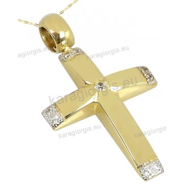 Βαπτιστικός σταυρός χρυσός Κ14 για κορίτσι με αλυσίδα σε λουστρέ φινίρισμα με λευκόχρυσο και πέτρες ζιργκόν.