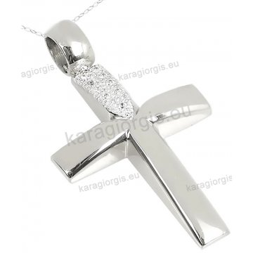 Βαπτιστικός σταυρός λευκόχρυσος Κ14 για κορίτσι με αλυσίδα σε λουστρέ φινίρισμα με πέτρες ζιργκόν.