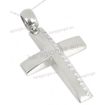 Βαπτιστικός σταυρός λευκόχρυσος Κ14 για κορίτσι με αλυσίδα σε λουστρέ φινίρισμα με πέτρες ζιργκόν.