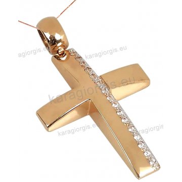 Βαπτιστικός σταυρός ροζ χρυσός rose gold Κ14 για κορίτσι με αλυσίδα σε λουστρέ φινίρισμα με λευκόχρυσο και πέτρες ζιργκόν.
