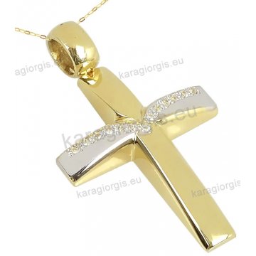 Βαπτιστικός σταυρός χρυσός Κ14 για κορίτσι με αλυσίδα σε λουστρέ φινίρισμα με λευκόχρυσο και πέτρες ζιργκόν.