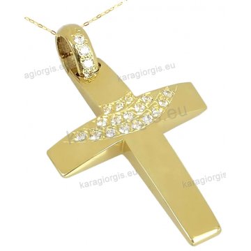 Βαπτιστικός σταυρός χρυσός Κ14 για κορίτσι με αλυσίδα σε λουστρέ φινίρισμα με πέτρες ζιργκόν.