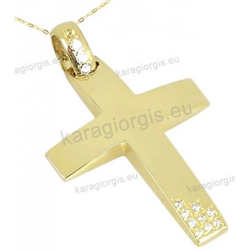 Βαπτιστικός σταυρός χρυσός Κ14 για κορίτσι με αλυσίδα σε λουστρέ φινίρισμα με πέτρες ζιργκόν.