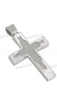 Βαπτιστικός σταυρός λευκόχρυσος Κ14 για κορίτσι με αλυσίδα διπλής όψεως σε λουστρέ φινίρισμα με πέτρες ζιργκόν.