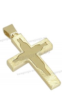 Βαπτιστικός σταυρός χρυσός Κ14 για κορίτσι με αλυσίδα διπλής όψεως σε λουστρέ φινίρισμα με πέτρες ζιργκόν.