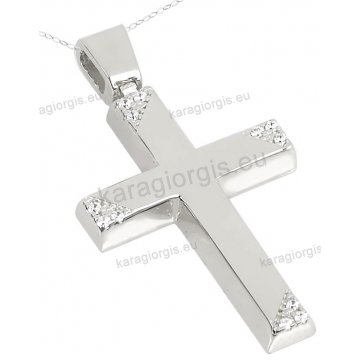 Βαπτιστικός σταυρός λευκόχρυσος Κ14 για κορίτσι με αλυσίδα διπλής όψεως σε λουστρέ φινίρισμα με πέτρες ζιργκόν.