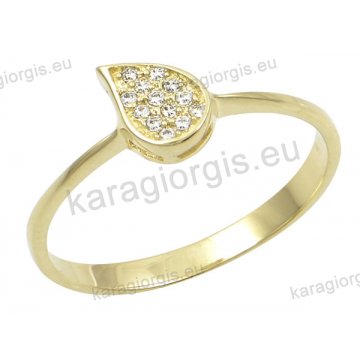 Δαχτυλίδι γυναικείο χρυσό Κ14 με φυλλαράκι με άσπρες πέτρες ζιργκόν.
