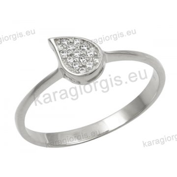 Δαχτυλίδι γυναικείο λευκόχρυσο Κ14 με φυλλαράκι με άσπρες πέτρες ζιργκόν.