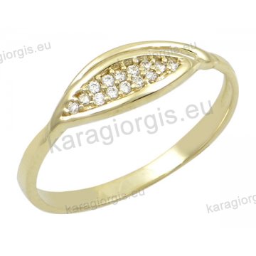 Δαχτυλίδι γυναικείο χρυσό Κ14 σε δάκρυ με άσπρες πέτρες ζιργκόν.