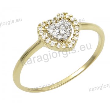Δαχτυλίδι γυναικείο χρυσό Κ14 με καρδιά με άσπρες πέτρες ζιργκόν.