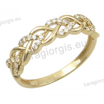 Δαχτυλίδι γυναικείο χρυσό Κ14 σε πλεξούδα με άσπρες πέτρες ζιργκόν.