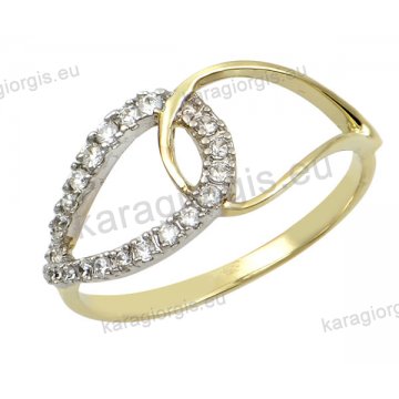 Δαχτυλίδι γυναικείο χρυσό Κ14 με διπλές σταγόνες με άσπρες πέτρες ζιργκόν.