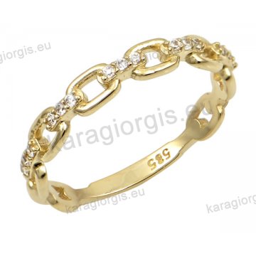 Δαχτυλίδι γυναικείο χρυσό Κ14 σε στυλ καδένας με άσπρες πέτρες ζιργκόν.
