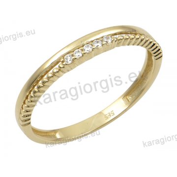 Δαχτυλίδι γυναικείο χρυσό Κ14 δίσειρο με άσπρες πέτρες ζιργκόν.