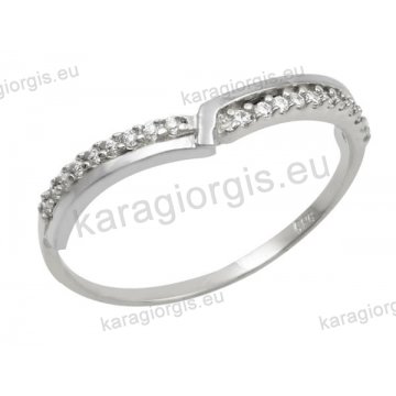 Δαχτυλίδι γυναικείο λευκόχρυσο Κ14 διπλό με άσπρες πέτρες ζιργκόν.