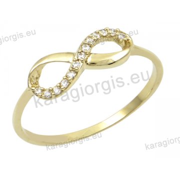 Δαχτυλίδι γυναικείο χρυσό Κ14 με άπειρο με άσπρες πέτρες ζιργκόν.