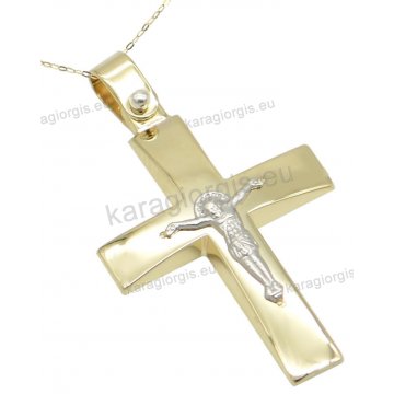 Σταυρός βάπτισης για αγόρι χρυσός Κ14 σε λουστρέ φινίρισμα με ένθετο λευκόχρυσο εσταυρωμένο.