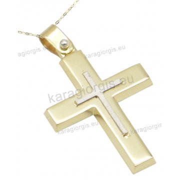 Σταυρός βάπτισης για αγόρι χρυσός Κ14 σε λουστρέ φινίρισμα με ένθετο λευκόχρυσο σταυρουδάκι στο κέντρο.