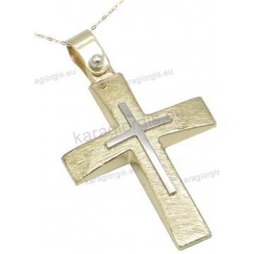 Σταυρός βάπτισης για αγόρι χρυσός Κ14 σε ματ-σαγρέ φινίρισμα με ένθετο λευκόχρυσο σταυρουδάκι.