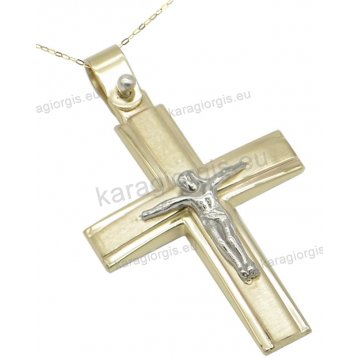 Σταυρός βάπτισης για αγόρι χρυσός Κ14 σε λουστρέ-ματ φινίρισμα με ένθετο λευκόχρυσο εσταυρωμένο.