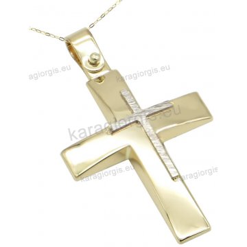 Σταυρός βάπτισης για αγόρι χρυσός Κ14 σε λουστρέ φινίρισμα με ένθετο λευκόχρυσο σταυρουδάκι στο πλάι.