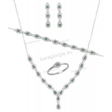 Σετ κοσμημάτων αρραβώνα ή γάμου Κ14 λευκόχρυσο με κολιέ σε γραβάτα, βραχιόλι, σκουλαρίκια, δαχτυλίδι με άσπρες και πράσινες πέτρες ζιργκόν.