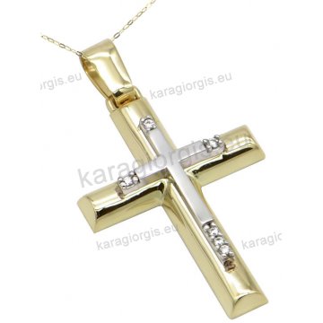 Βαπτιστικός σταυρός Κ14 για κορίτσι χρυσός με αλυσίδα σε λουστρέ-ματ φινίρισμα με πέτρες ζιργκόν στο κέντρο.